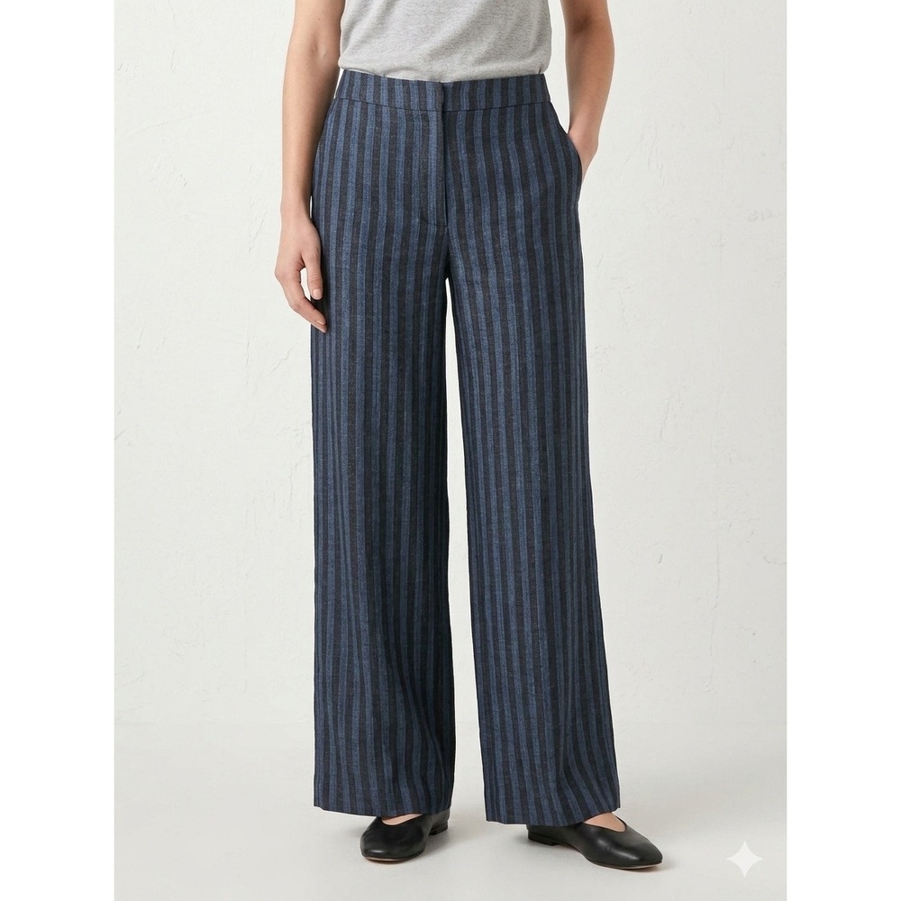 Blue Striped Wide Leg Linen Blend Trousers High Rise Lined Pants